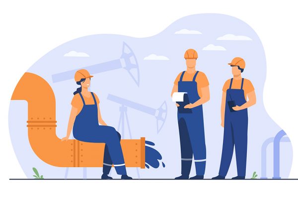 Oilmen and engineers on production line or pipe of petroleum refinery flat vector illustration. Cartoon people working on pipeline. Oil and gas industry concept
